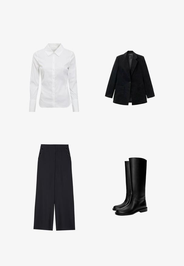 Blazer en velours côtelé noir avec fermeture à un bouton, revers crantés et deux poches avant. Il est doté d'une doublure intérieure lisse.; Chemise blanche à manches longues avec un col classique, un devant à boutons et un tissu en coton lisse. Design minimaliste, sans motifs ni accents.; Pantalons ample en tissu bleu marine foncé, avec une texture lisse, des plis avant et des œillets décoratifs en ton doré sur les poches latérales.; Bottes en cuir noires montant jusqu'au genou avec une texture lisse, bout rond, semelle plate et design minimaliste, comprenant des coutures cousues et aucun matériel visible.