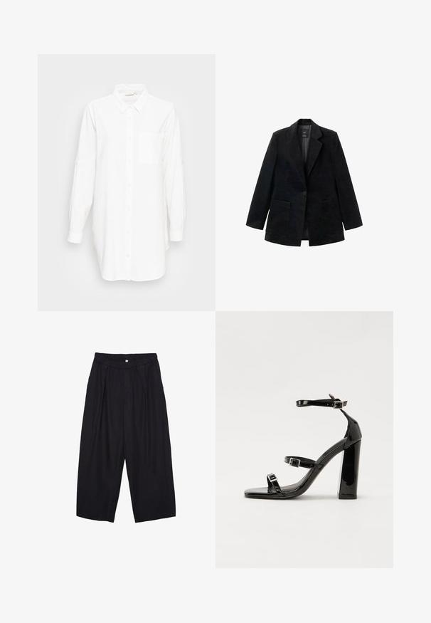 Musta corduroy-takki, jossa on yksinkertainen nappisuljin, viistosakset ja kaksi etutaskua. Sisältää sileän vuoren.; Pitkähihaista valkoista kauluspaitaa, jossa on rintatasku, esillä vaaleanharmaalla taustalla.; Musta polyesterinen culotte-housut, jossa on joustava vyötärö, kaksi etupleettiä ja löysä siluetti. Ei näkyviä kuvioita tai metallisia yksityiskohtia.; Musta kiiltävä korkokenkä sandaalit neliönmuotoisella varpaalla, nilkkaremmillä ja hopeisilla soljilla. Varustettu tukevalla lohkokorkealla vakauden takaamiseksi.