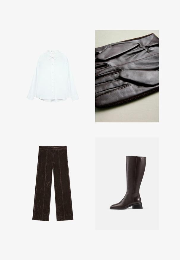 Schwarzes Cordblazer mit einem einzigen Knopfverschluss, Reverskragen und zwei vorderen Taschen. Verfügt über ein glattes Innenfutter.; Weißes Hemd mit klassischem Kragen, langen Ärmeln und lockerer Passform. Weicher Stoff mit glatter Textur, ohne Muster oder Akzente.; Bequeme weit geschnittene Hosen in Dunkelbraun, mit einer samtartigen Textur, vertikalen Nähdetails und einem elastischen Taillenbund.; Knöchelhohe, braune Lederstiefel mit glatter Oberfläche, abgerundeter Spitze und gestapeltem schwarzen Absatz. Schlichtes Design mit minimalen Hardware-Details.; Braune Lederhandschuhe mit glatter Textur, fünf Fingern, elastischem Handgelenk und dekorativer Naht entlang der Kante.