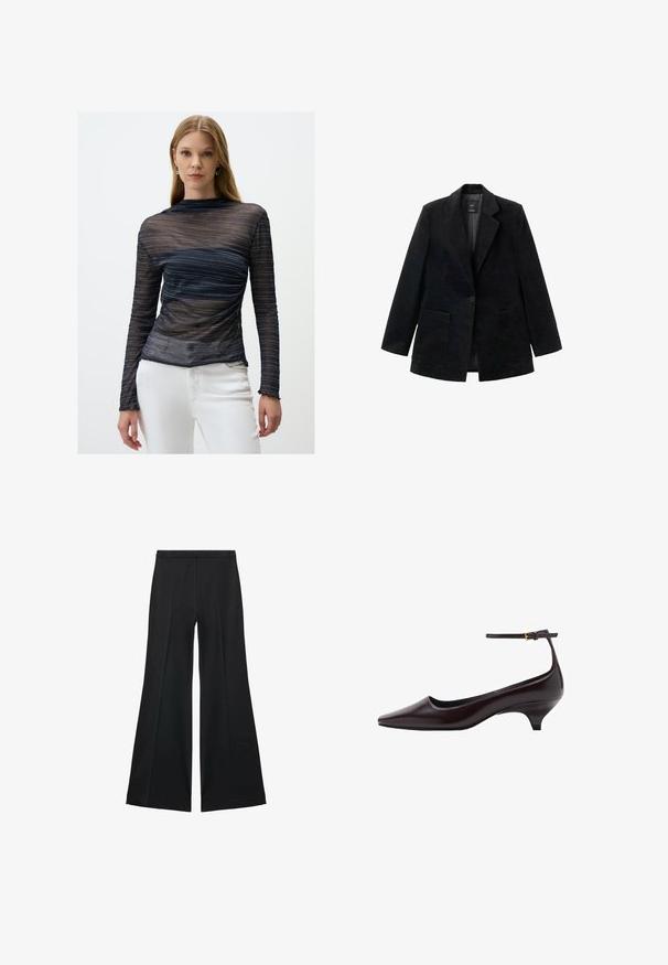 Zwarte corduroy blazer met een enkele knoopsluiting, notch-revers en twee voorkezen. Voorzien van een zachte binnenvoering.; Marinemarineblauwe lange mouw top van doorschijnende stof, met metallic zilveren strepen, aansluitend ontwerp en gegolfde manchetten. Draagover witte broeken.; Zwarte wijde-pijpen broek met een gladde textuur, gekenmerkt door voorplooien en een op maat gemaakte uitstraling. De stof is lichtgewicht en vloeiend.; Donkerbruine leren kittenheel schoenen met een spitse neus, een dunne enkelband en een kleine gouden gesp.