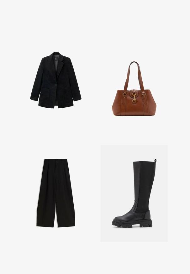 Černý kordový blazer s jedním knoflíkovým zapínáním, klopami a dvěma předními kapsami. Obsahuje hladkou podšívku.; Bílý svetřík s krátkým rukávem a vzorem copánkového pletení, kulatým výstřihem a pružným lemem. Měkká textura, volný střih a čistý design.; Černé kalhoty s širokými nohavicemi vyrobené z hladkého materiálu, s vysokým pasem, sklady vpředu a bez viditelných ozdob nebo vzorů.; Černé vysoké boty až ke kolenům s hladkým koženým předním dílem a strukturovaným textilním zadním dílem, s robustní podšívkou a s poutkem pro snadné obouvání.; Hnědá kožená kabelka s dvojitými popruhy, zaobleným tvarem, zlatými kovovými doplňky a centrálním detailem s přezkou. Hladký povrch s prošívanými akcenty.