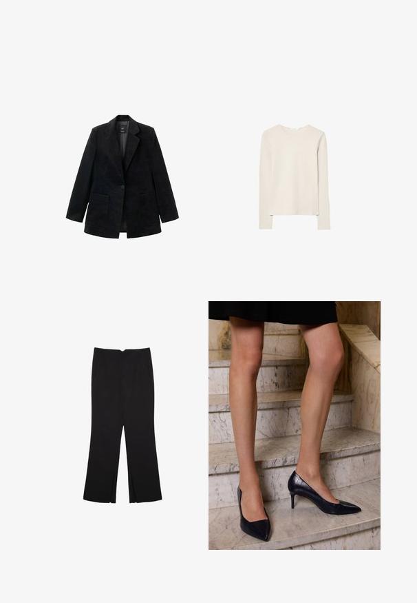 Črn korduroj sakou z enim gumbom, z odrezanimi reverji in dvema sprednjima žepoma. Ima gladko notranjo podlogo.; Svetlo bež dolg rokav majica iz mehkega materiala, z okroglim izrezom in sproščenim krojem, ravnim robom ter minimalnimi šivi.; Črne hlače ravnega kroja z naglavnimi žepi in stranskimi razporki na robu. Narejene iz mehke, gladke tkanine. Primerne za različne priložnosti.; Mornarsko modri čevlji z visokimi petami in koničastim nosom, ki imajo gladko in teksturo, podobno krokodilji koži.