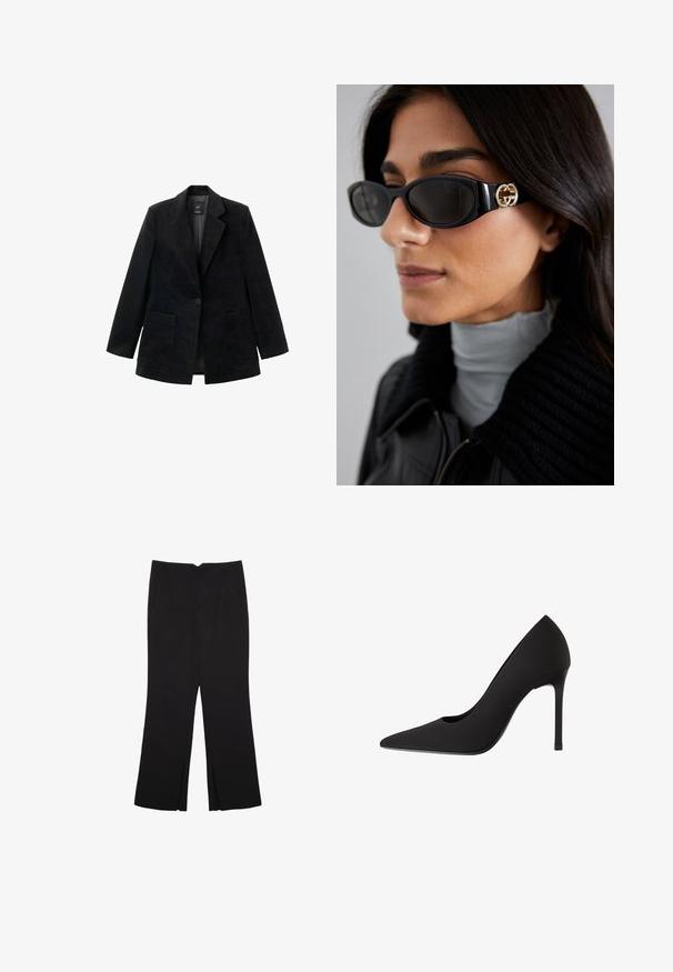Sort fløjlsblazer med en enkelt knaplukning, hakkede revers og to forlommer. Har en glat inderside.; Sort tank top lavet af bomuld, med rund halsudskæring og brede armhuller. Glat tekstur med syede kanter. Klassisk, minimalistisk design.; Sorte bukser med lige pasform, der har frontlommer og slidser i kanten. Lavet af blødt, glat stof. Velegnet til forskellige anledninger.; Sort højhælet pumpe med spids tå, slank satinfinish og stilettho. Designet med et subtilt udskæring på siden.; Sorte solbriller med en strømlinet rektangulær ramme og en guld logoaccent på siden. Mørke linser og blank overflade er fremtrædende.; Sort læderhåndtaske med en struktureret design, topstrop, aftagelig rem og hårdvarer i guldtonede på en magnetisk lukning.