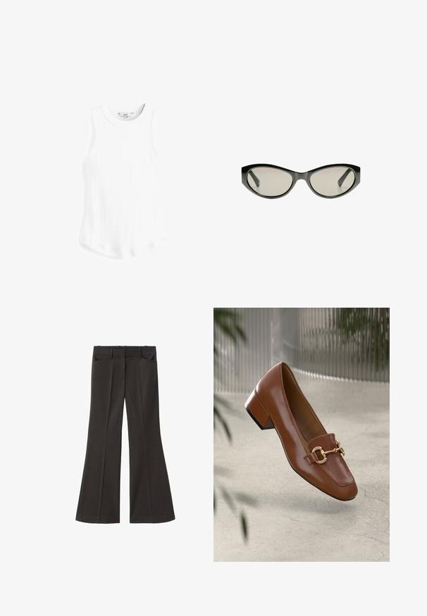 Blazer in velluto a coste nero con chiusura a un bottone, revers a punta e due tasche frontali. Presenta una fodera interna liscia.; Next RACER STANDARD - Top - white rib; Pantaloni neri a zampa d'elefante con vita alta; presentano due tasche frontali e una texture del tessuto liscia. Adatti per varie occasioni.; Mocassino in pelle verniciata marrone con punta quadrata, accentato da catena metallica e tacco basso; texture liscia, design minimalista.; Occhiali da sole neri a forma di occhio di gatto con lenti grigie. La montatura in plastica presenta bordi affilati e una finitura liscia e lucida.