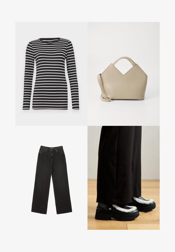 Crni kordura blejzer s jednim dugmetom, rebrastim reverima i dva prednja džepa. Ima glatku unutrašnju podstavu.; Crna majica dugih rukava s horizontalnim bijelim prugama, okruglim izrezom i uskim krojem. Izrađena od mekog materijala s glatkom teksturom.; Crne široke traperice izrađene od denima, s malim točkastim uzorcima, klasičnim dizajnom s pet džepova i zatvaranjem na gumbe i zatvarač.; Crne platforme imaju bijeli krzneni obrub, zaobljeni nos i remen s metalnom kopčom. Nosi se s crnim hlačama na drvenom podu.; Bež torba sa strukturom i V-oblikovanim vrhom, napravljena od glatke kože, sa kratkim drškama i dugim podesivim remenom. Minimalistički dizajn.