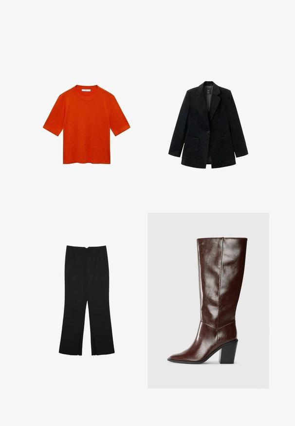 Černý kordový blazer s jedním knoflíkovým zapínáním, klopami a dvěma předními kapsami. Obsahuje hladkou podšívku.; Krátký rukáv, oranžové tričko vyrobené z jemné tkaniny, s kulatým výstřihem a uvolněným střihem s rovnými lemy a bez viditelných vzorů.; Černé kalhoty s rovným střihem, s předními kapsami a bočními rozparky na lemu. Vyrobené z jemné, hladké tkaniny. Vhodné na různé příležitosti.; Vysoká tmavě hnědá kožená bota s špičatou špičkou a blokovým podpatkem, zobrazená ze strany na jednobarevném pozadí.