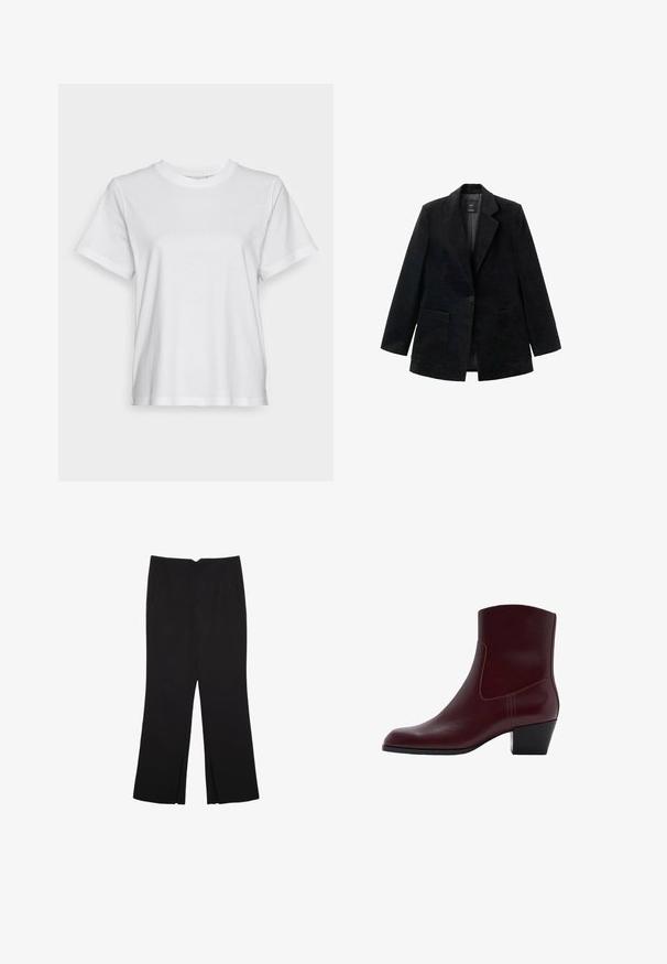 Črn korduroj sakou z enim gumbom, z odrezanimi reverji in dvema sprednjima žepoma. Ima gladko notranjo podlogo.; Bela bombažna majica s kratkimi rokavi, okroglim izrezom in sproščenim krojem. Gladka tekstura, brez vzorcev ali grafik, osnovni dizajn.; Črne hlače ravnega kroja z naglavnimi žepi in stranskimi razporki na robu. Narejene iz mehke, gladke tkanine. Primerne za različne priložnosti.; Burgundska usnjena gležnjarja z rahlo koničastim prstom, srednjim blokastim petam in šivnimi detajli ob strani. Gladka tekstura in minimalističen dizajn.