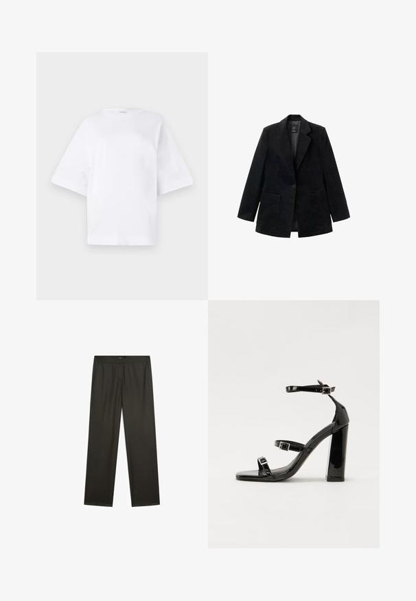 Zwarte corduroy blazer met een enkele knoopsluiting, notch-revers en twee voorkezen. Voorzien van een zachte binnenvoering.; Witte oversized t-shirt gemaakt van katoen, met korte mouwen, een ronde halslijn en een rechte zoom zonder patronen of accenten.; Donkergroene, wijde broek met een gladde textuur, elastische tailleband en zijzakken. Eenvoudig ontwerp zonder zichtbare patronen of hardware.; Zwarte gepatenteerde sandalen met hak en een vierkante neus, enkelbandjes en zilveren gespen. Heeft een stevige blokhak voor stabiliteit.