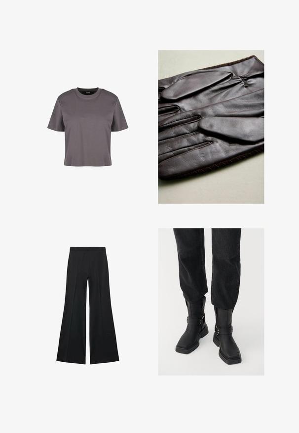 Črn korduroj sakou z enim gumbom, z odrezanimi reverji in dvema sprednjima žepoma. Ima gladko notranjo podlogo.; Siva kratka majica s kratkimi rokavi, narejena iz gladkega blaga, z okroglo ovratnikom in sproščenim fitom. Preprost dizajn, brez vidnih vzorcev ali dodatkov.; Črne široke hlače z gladko teksturo, ki imajo sprednje nabore in kroj po meri. Tkanina je lahka in zračna.; Črne usnjene gležnjarje s kvadratnim nosom, ki vsebujejo širok trak in podrobnost z metalno zaponko. Gležnjarji imajo debelo podplat in gladko teksturo.; Rjave usnjene rokavice z gladko teksturo, ki imajo pet prstov, elastičen zapestje in dekorativno šivanje ob robu.