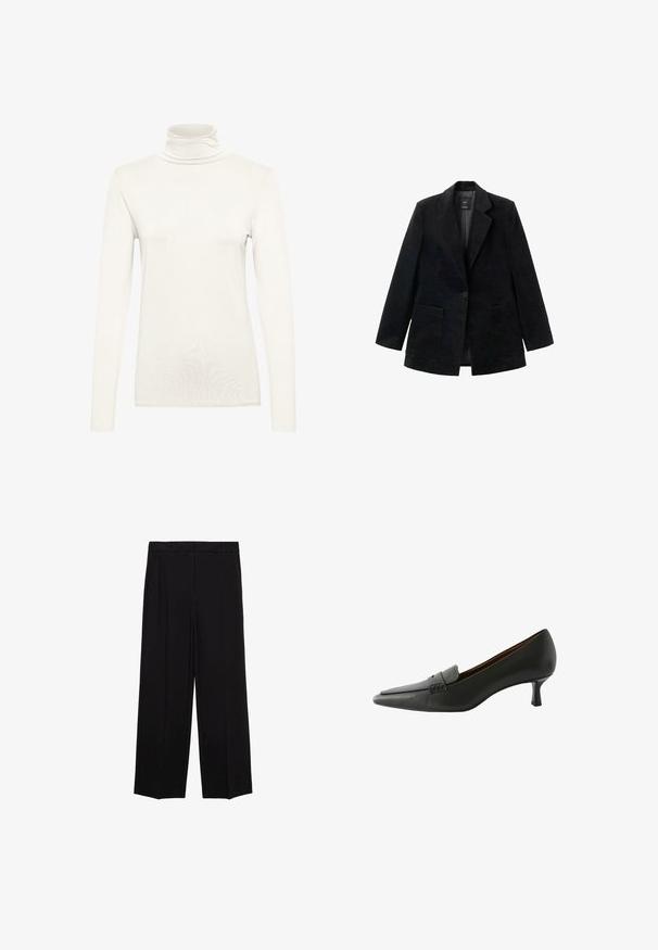 Black corduroy blazer with a single button closure, notched lapels, and two front pockets. Features a smooth inner lining.; Long-sleeve turtleneck top in cream, made from soft fabric with a fitted silhouette. Features a high neck and smooth, even texture.; Black wide-leg trousers with a smooth fabric, featuring pleats at the front and side pockets, designed with a straight, relaxed cut.; Black leather heeled shoe with a pointed toe and a decorative strap. Features a low stiletto heel and smooth texture.