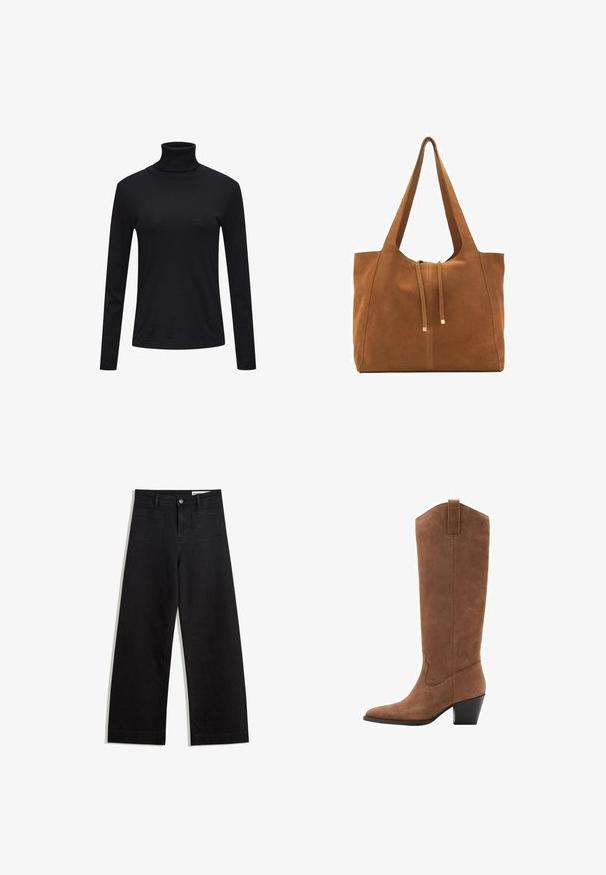 Schwarzes Cordblazer mit einem einzigen Knopfverschluss, Reverskragen und zwei vorderen Taschen. Verfügt über ein glattes Innenfutter.; QS MIT ROLLKRAGEN - Langarmshirt - schwarz; Schwarze weit geschnittene Jeans mit hoher Taille, ausgestattet mit Vorder- und Hintertaschen, gesteppten Nähten und einem Knopfverschluss. Glatte Textur.; Braune Wildlederkniehohe Stiefel mit spitzem Zeh, schrägem Absatz und dekorativen Nähten am Schaft. Glatte Textur und konisches Design.; Braune Wildleder-Tasche mit zwei langen Trägern, Zugverschluss und minimalistischem Design. Glatte Textur und keine sichtbaren Hardware-Details.