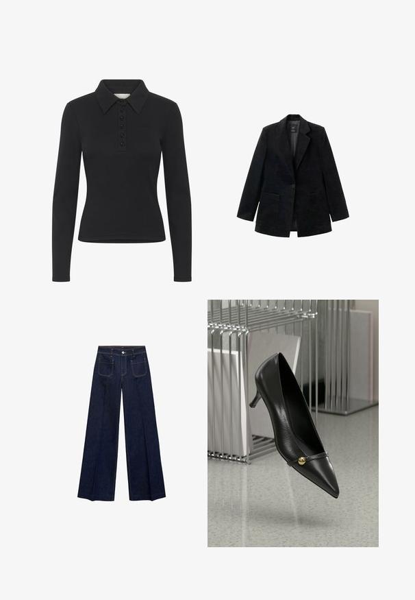 Čierny kordový blazer s jedným gombíkom, klopovými chlopňami a dvoma prednými vreckami. Má hladkú vnútornú podšívku.; Čierna polokošeľa s dlhým rukávom, s rebrovanou textúrou, zapínaním na gombíky a diskrétnym logom. Disponuje klasickým dizajnom goliera.; Široké tmavomodré džínsy s vysokým pásom, obsahujúce predné a zadné vrecká, kontrastné šitie a zapínanie na gombík.; Čierna kožená vysoká topánka na podpätku s špicatou špičkou, ktorá má tenký popruh a zlatý akcent. Lesklý povrch, jemný podpätok a elegantný dizajn.