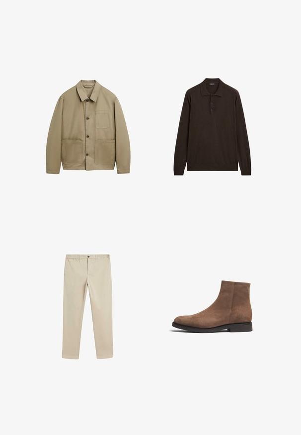 Beige lehká bunda s límcem, předním zapínáním na knoflíky a dvěma velkými předními kapsami. Vyrobena z hladké, odolné látky.; Tmavě hnědá polo košile s dlouhým rukávem, třemi knoflíky a klasickým límcem, vystavená na bílém pozadí.; Béžové bavlněné kalhoty s elastickým pasem, zapínáním na knoflík, rovnými nohavicemi a standardními kapsami po stranách a na zadní straně.; Hnědé semišové kotníkové boty s hladkou texturou, štíhlým siluetou a nízkým klínovým podpatkem. Obsahují minimální prošívání a plochou podrážku.