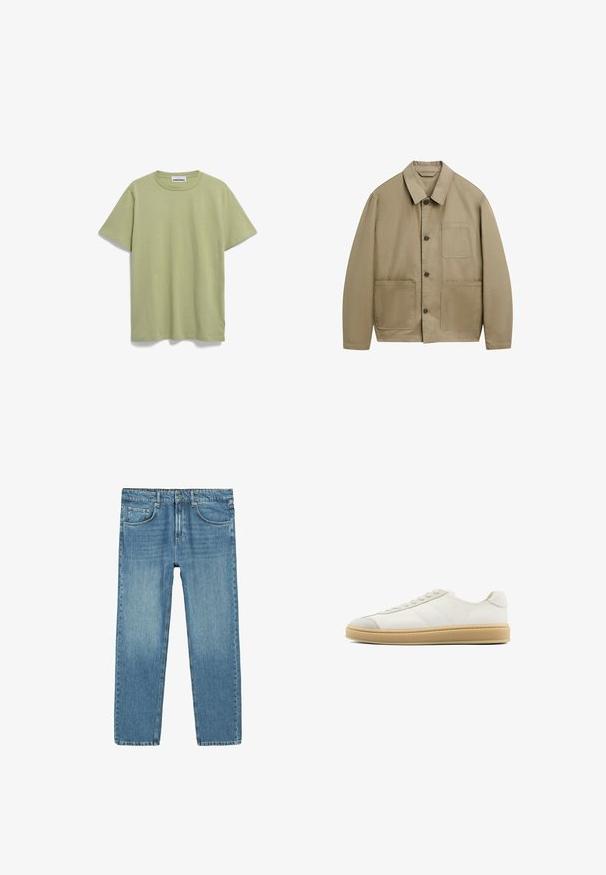 Beige lichtgewicht jack met een kraag, sluiting met knopen aan de voorkant en twee grote voorzakken. Gemaakt van een gladde, duurzame stof.; ARMEDANGELS JAAMEL STRUCTURE - T-shirt basic - light matcha; Lichtblauwe denim jeans met een recht model, vijf-pocket ontwerp en subtiele wassing. Voorzien van een knoop- en ritssluiting in de taille.; Witte suede sneakers met een gladde textuur, ronde neus, vetersluiting aan de voorkant en een tan rubberen zool. Kenmerkt zich door subtiele zijstripes en hielaccenten.
