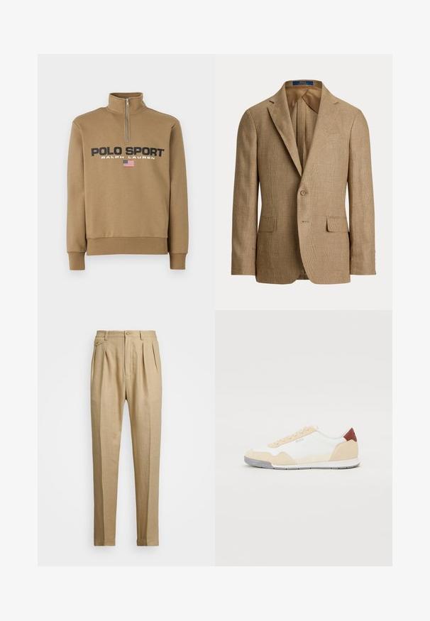 Brązowa marynarka w kratę z dopasowanym krojem, klapami z wycięciem, dwiema przednimi kieszeniami oraz zapięciem na jeden guzik. Gładka podszewka.; Polo Ralph Lauren - Bluza; Beżowe lniane spodnie o prostym kroju, z dwoma fałdami z przodu, z zapięciem na guzik i kieszeniami po bokach. Teksturowana tkanina o gładkim wykończeniu.; Sneakers z białą siateczkową cholewą, beżowymi zamszowymi akcentami i czerwoną skórzaną wstawką na pięcie. Gumowa podeszwa z teksturowanymi wzorami dla lepszej przyczepności.