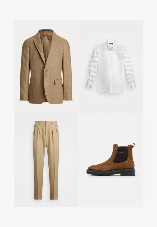 Blazer à carreaux marron avec une silhouette ajustée, des revers crantés, deux poches avant et une fermeture à un bouton. Doublure intérieure lisse.; Chemise blanche à boutons avec des rayures verticales bleu clair, manches longues, col boutonné et petit logo brodé sur la poitrine gauche.; Pantalons en lin beige avec une coupe droite, arbore deux pinces à l'avant, une fermeture à bouton et des poches latérales. Tissu texturé avec une finition lisse.; Bottines en suede marron avec un bout arrondi et des panneaux latéraux élastiques. Présente un accent texturé noir et une languette à l'arrière. Semelle noire.