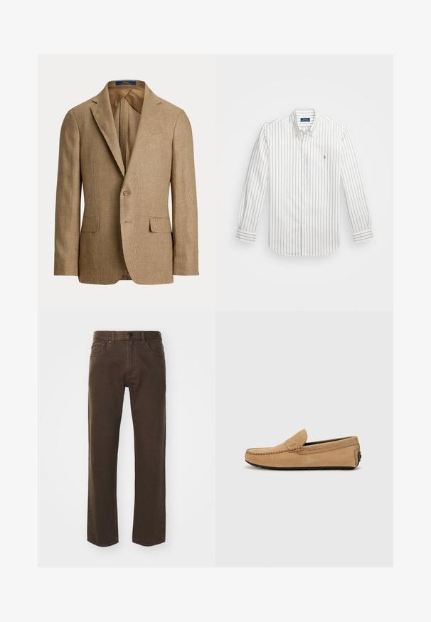 Brown plaid blazer featuring a fitted silhouette, notched lapels, two front pockets, and a single button closure. Smooth inner lining.; White button-up shirt with light blue vertical stripes, long sleeves, buttoned collar, and small embroidered logo on the left chest.; Theory VIGGO - Straight leg jeans - brown; Beige suede moccasin shoe with a stitched toe, slip-on design, and black rubber sole. Features subtle branding on the side.