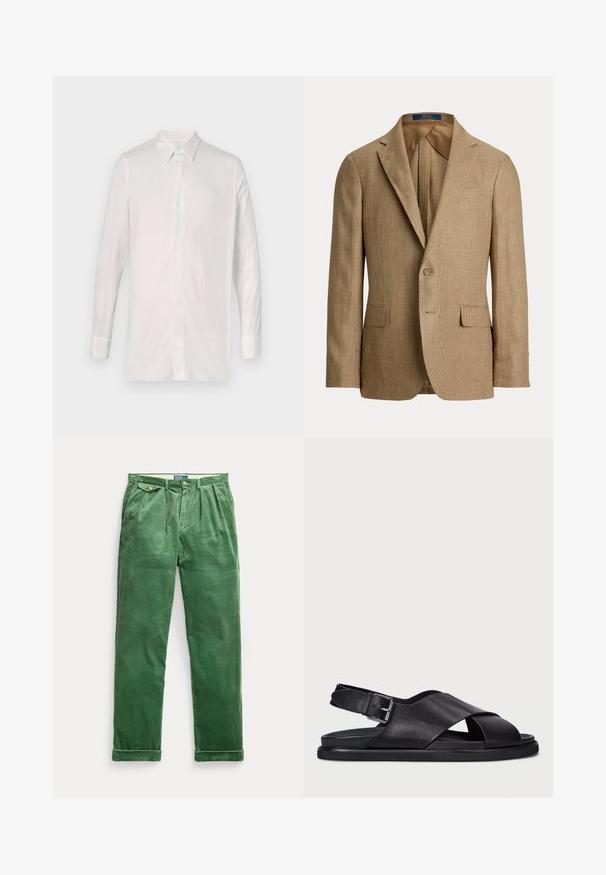 Blazer a quadri marrone con silhouette aderente, rever a punta, due tasche frontali e chiusura con un solo bottone. Fodera interna liscia.; Camicia bianca a maniche lunghe realizzata in tessuto morbido. Presenta un colletto classico, chiusura con bottoni e maniche con polsini, con un'attenzione al dettaglio minima.; Pantaloni in velluto a coste verde con silhouette a gamba dritta, davanti con pieghe, due tasche angolate e orli risvoltati per un dettaglio aggiuntivo.; Polo Ralph Lauren ZANE LEATHER SANDAL - Sandali - black
