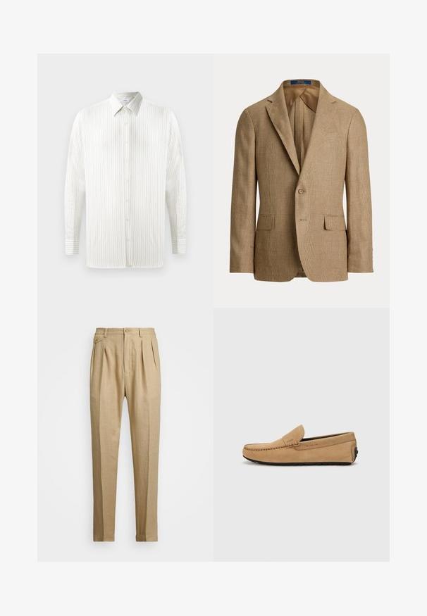 Barna kockás blézer, amely ápolt sziluettel, kivágott hajtókával, két elülső zsebbel és egygombos záródással rendelkezik. Sima bélés.; Fehér, hosszú ujjú ing vékony, függőleges csíkokkal, gombos kivitelben, hegyes gallérral és mandzsetta részletezéssel. Könnyű anyagból készült.; Beige vászon nadrág egyenes szabással, két első redővel, gombos záródással és oldalzsebekkel. Tömör textúrájú anyag sima felülettel.; Beige színű nubuk mokaszin cipő, varrott orral, slip-on kialakítással és fekete gumitalppal. Diszkrét logó található az oldalon.