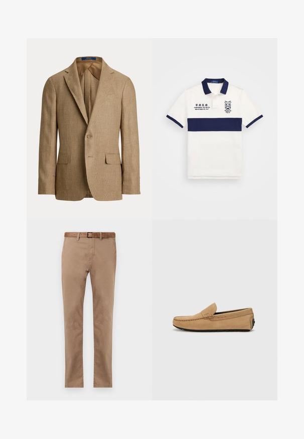 Rudas dėmėtas švarkas, pasižymintis prigludusia siluetu, įpjovomis apykaklėmis, dviem priekinėms kišenėms ir vieno mygtuko uždarymu. Lygus vidinis pamušalas.; Baltas polo marškinėliai su tamsiai mėlyna horizontalia juostele, siuvinėtu logotipu ir tekstiniu detalizavimu kairėje pusėje; klasikinis apykaklė ir trumpomis rankovėmis.; Bežiniai medvilniniai chinosai su tiesiu siluetu, su rudais odiniais diržais, dviem priekinėmis kišenėmis ir lygiu paviršiumi.; Smėlinės zomšinės mokasinės su siūtu pirštu, lengvu uždėjimu ir juodu guminiu padu. Pusėje yra subtili ženklų identifikacija.