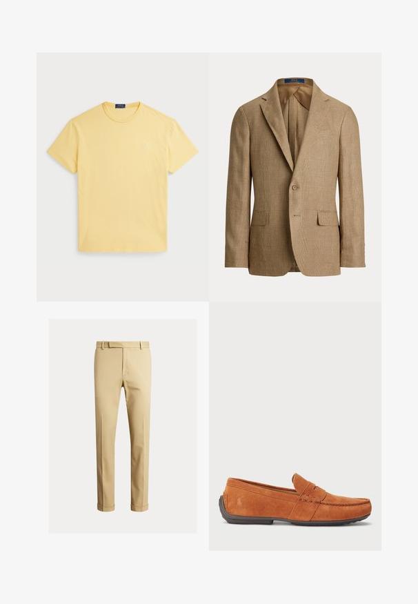 Rjav karo blazer z oprijetim krojem, s ključnimi reverji, dvema sprednjima žepoma in enim gumbom za zapiranje. Gladka notranja podloga.; Rumena kratka majica s kratkimi rokavi iz bombaža, z okroglim izrezom in majhnim izvezenim logotipom na levem prsnem delu. Mehka, gladka tekstura.; Kahe barvni chinos narejeni iz gladkega bombažnega blaga, ki ponujajo prilegan dizajn, sprednje pregibe in manšete pri gležnju za ozko silhueto.; Rjave suede loafers s poslikavo mokasina, z vdelano špicami, v slogu obuvanja in gumijastim podplatom za oprijem.