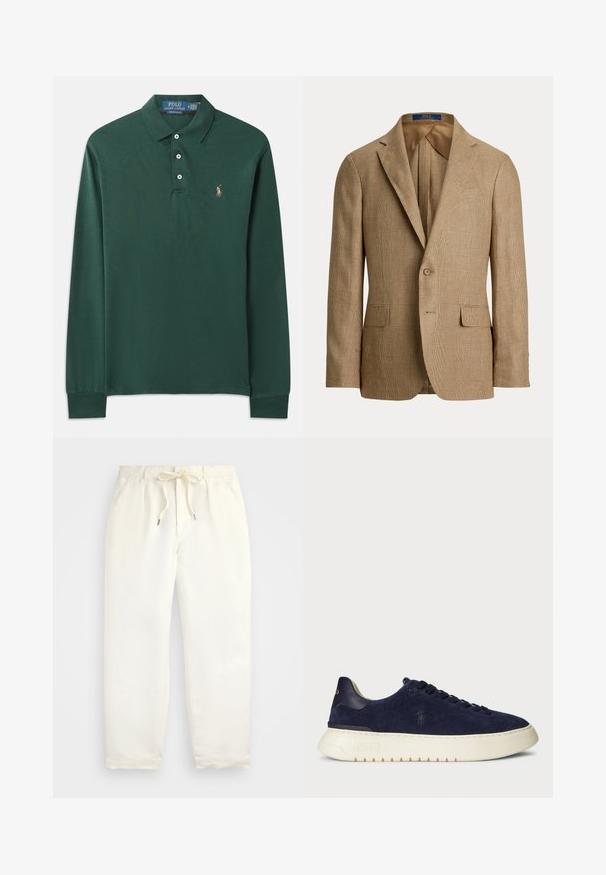 Brūns skoraina žakete ar pieguļošu siluetu, izvirzītiem atlaižamajiem kleitam, divām priekšējām kabatām un vienu pogu aizdari. Gluda iekšējā oderes.; Ilgi piedurkņu tumši zaļš polo krekls, izgatavots no kokvilnas, ar apkakles kaklu, trīs pogu aizdari un mazu izšūtu zīmi uz krūšu daļas.; Gaiši krēmkrāsas, ikdienišķi bikses, izgatavotas no mīkstas auduma. Iespējas ietver elastīgu jostu ar auklu un sašaurinātu kāju dizainu.; Jūras kara flotes zamšādas zemas kedas ar strukturētu virsmu, gumijas zoli un tonālām šņorēm, ar mazu logotipu uz sāna un papēža.