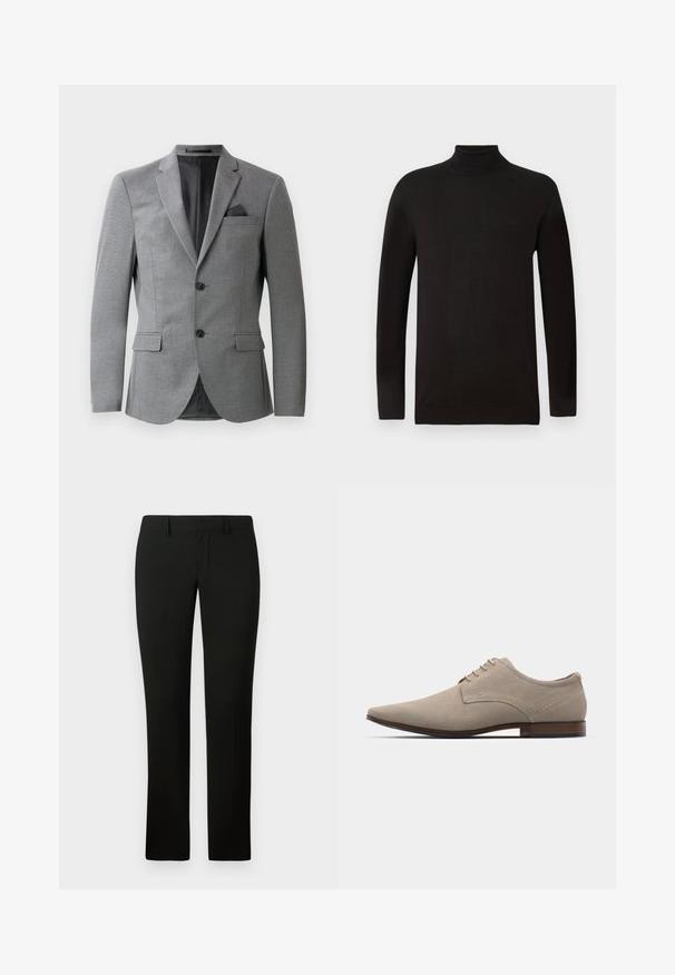 Šedý blazer s texturovanou tkaninou, jednořadým designem, dvěma předními kapsami a elegantním klopovým límcem. Součástí je kapesníček.; Černý rolák z měkké pleteniny. Má dlouhé rukávy a těsný střih s žebrovaným límcem a lemem. Minimální značení.; Černé kalhoty s přiléhavým střihem, vyrobené z hladké látky a s rovnými nohavicemi. Pas má poutka na opasek a čistý vzhled.; Béžové šněrovací boty vyrobené z měkké semišové kůže, s špičatou špičkou, minimálním prošíváním a dřevěným podpatkem. Hladká textura a jednoduchý design.