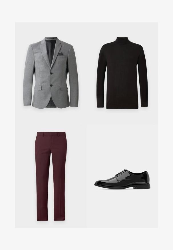 Grå blazer med tekstureret stof, enkeltknappet design, to forlommer og en slank krave med hakker. Inkluderer en lommefyr.; Sort højhalset sweater i blødt strikket stof. Har lange ærmer og en tætsiddende pasform med ribkant på kraven og nederste kant. Minimal branding.; Bordeaux skræddersyede bukser med en struktureret pasform. Har flad front, bæltestropper og ingen synlige lommer, lavet af glat stof.; Sort lakeret dresssko med en afrundet tå, snørebåndsdesign og glat, skinnende overflade. Har en lavprofils gummisål.