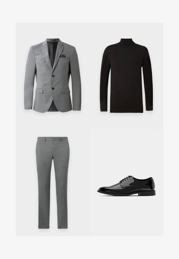 Grå blazer med strukturert stoff, enkeltradsdesign, to frontlommer og en stilren, notched krage. Inkluderer en lommetørkle.; Svart genser med høy hals i mykt strikket stoff. Har lange ermer og en tettsittende design med en ribbete krage og liv. Minimal merking.; Grå skreddersydde bukser med en glatt tekstur, rett ben-design, beltestropper og et subtilt herringbone-mønster gjennom hele.; Svart lakkskinn dressko med rund tå, snøring og glatt, blank overflate. Den har en lav, gummisåle.