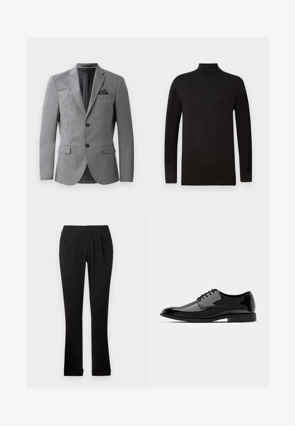 Siv blazer z teksturirano tkanino, enoredni dizajn, dva sprednja žepa in eleganten zarezan ovratnik. Vključuje tudi robček za žep.; Črna turtleneck pulover iz mehkega pletenega materiala. Ima dolge rokave in oprijet kroj z rebrastim ovratnikom in robom. Minimalno blagovno znamčenje.; Črne hlače iz gladkega blaga z elastičnim pasom, ravnimi nogavicami, sprednjimi pregibi in zavihanimi robovi. Preprost in vsestranski dizajn.; Črne lakirane usnjene čevlje z zaobljenim nosom, vezanjem in gladko, sijočo površino. Imajo nizko profilirano gumijasto podplat.