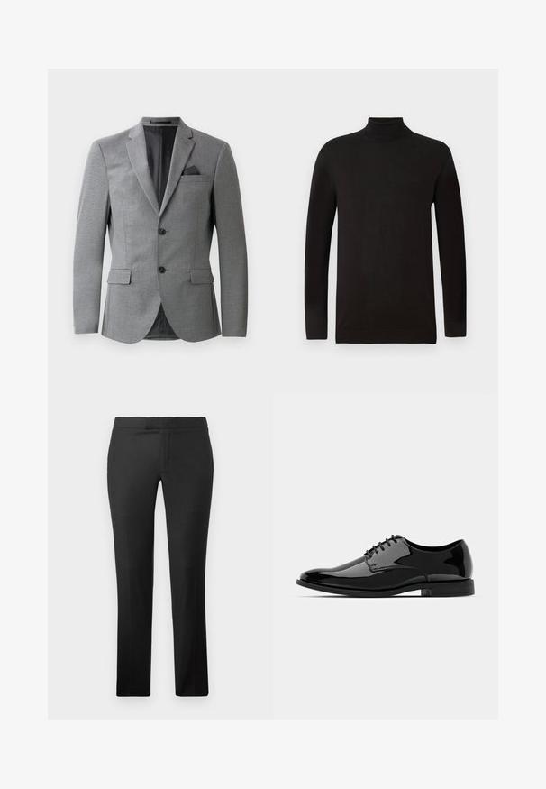 Sivi blejzer s teksturiranim materijalom, jednostruko kopčanje, dva prednja džepa i elegantan izrezani kragna. Uključuje maramicu za džep.; Crna turtleneck majica od mekog pletenog materijala. Ima duge rukave i uski kroj, s rebrastim ovratnikom i rubom. Minimalno brendiranje.; Crne ravne hlače izrađene od glatkog materijala, s ravnim prednjim dijelom, bez vidljivih džepova i čistim dizajnom struka.; Crne lakirane kožne cipele s okruglim vrhom, s vezicama i glatkom, sjajnom površinom. Imaju nisku gumenu potplat.