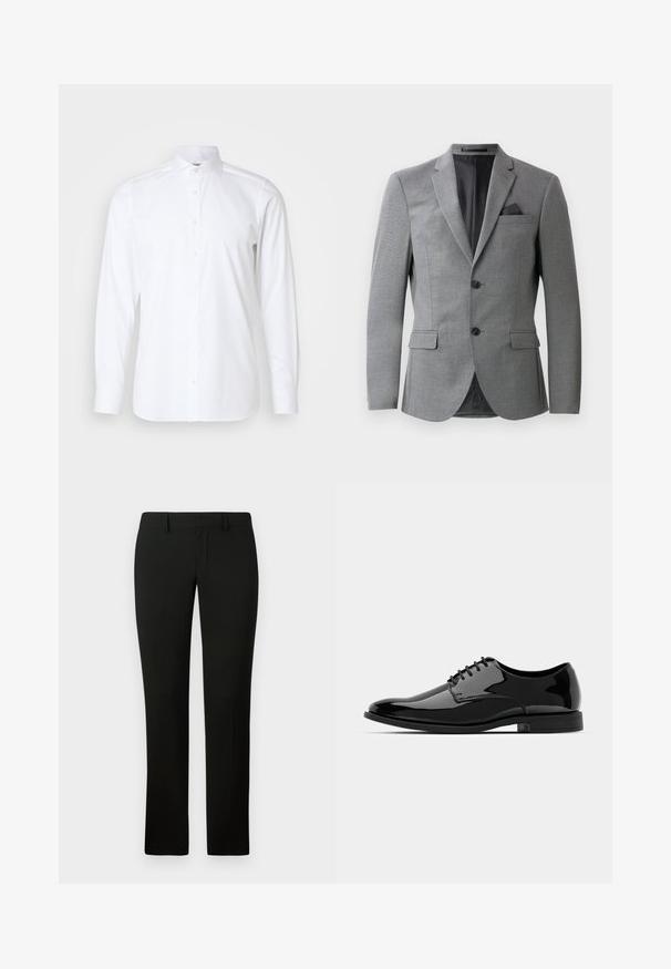 Grijze blazer met een gestructureerde stof, een eenknops ontwerp, twee voorzakken en een slanke notch-kraag. Inclusief een pochet.; Witte lange mouw blouse van gladde stof, met een klassieke kraag, knopenlijst en een getailleerde pasvorm. Geen patronen of accenten.; Zwarte broek met een getailleerde pasvorm, met een gladde textuur en een rechte pijpdesign. De tailleband heeft riemlussen en een nette afwerking.; Zwarte gepatineerde leren jurkchoenen met een ronde neus, vetersluiting en een glad, glanzend oppervlak. Voorzien van een laagprofiel rubberen zool.