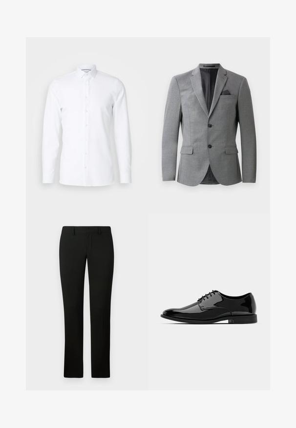 Sivý blazer s textúrovanou látkou, jednoradovým zapínaním, dvoma prednými vreckami a elegantným klopovým golierom. Obsahuje vreckový vreckovku.; Biele dlhé rukávy košeľa z hladkej tkaniny s ostrým golierom a zapínaním na gombíky vpredu. Bez vzorov alebo ozdôb.; Čierne nohavice s prispôsobeným strihom, ktoré majú hladkú textúru a rovný strih nohavíc. Pás má pútka na opasok a čisté zakončenie.; Čierne lakované kožené topánky s okrúhlou špičkou, šnurovací dizajn a hladký, lesklý povrch. Obsahujú nízky gumový podrážku.