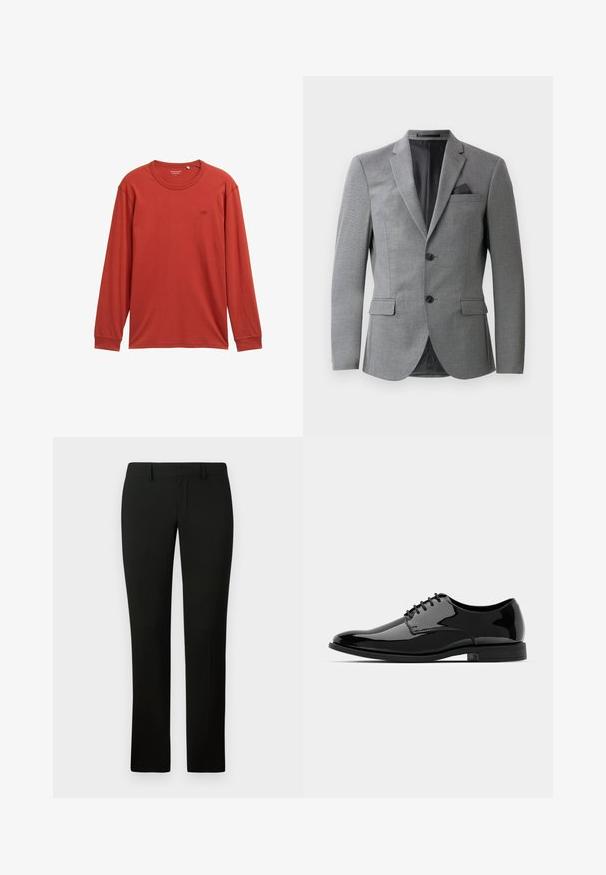 Grå kavaj med strukturerad tyg, enfaldig design, två framfickor och en elegant notched krage. Inkluderar en fickrektangel.; Långärmad t-shirt i dämpad röd färg, tillverkad av mjukt material. Har en rund halsringning och en liten logotyp på bröstet. Regular fit.; Svarta byxor med skräddarsydd passform, med en mjuk textur och rak bendesign. Midjan har bälteshål och en ren finish.; Svart lackläderskor med rund tå, snörning och slät, blank yta. Har en låg gummisula.