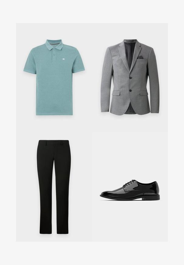 Blazer gris présentant un tissu texturé, un design à un seul bouton, deux poches avant et un col cranté élégant. Comprend un mouchoir de poche.; Polo en teal clair, à manches courtes, col polo avec deux boutons, présente un petit logo sur la poitrine gauche, en tissu coton lisse.; Pantalon noir avec une coupe ajustée, présentant une texture lisse et un design à jambe droite. La taille est dotée de passants de ceinture et d'une finition soignée.; Chaussure de dress en cuir verni noir avec un bout arrondi, un design à lacets et une surface lisse et brillante. Dispose d'une semelle en caoutchouc discrète.