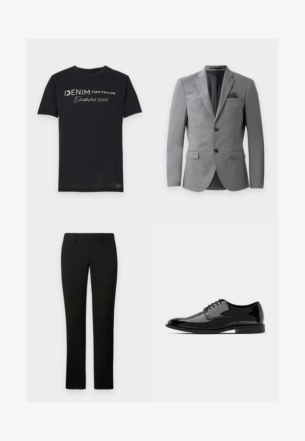 Harmaa bleiseri, jossa on tekstuuripinta, yksirivinen muotoilu, kaksi etutaskua ja tyylikäs lovettu kaulus. Mukana taskuliina.; Musta puuvillapaita, jossa on valkoisella ja harmaalla teksti "DENIM TOM TAILOR Established 2007", pyöreä kaula-aukko ja lyhyet hihat.; Mustat housut, joissa on muotoiltu istuvuus, sileä pinta ja suora lahje. Vyötäröllä on vyölenkit ja siisti viimeistely.; Musta patentoitu mokkanahkakengät pyöreällä varpalla, nauhakuormausmalli ja sileä, kiiltävä pinta. Varustettu matalaprofiilisella kumipohjalla.