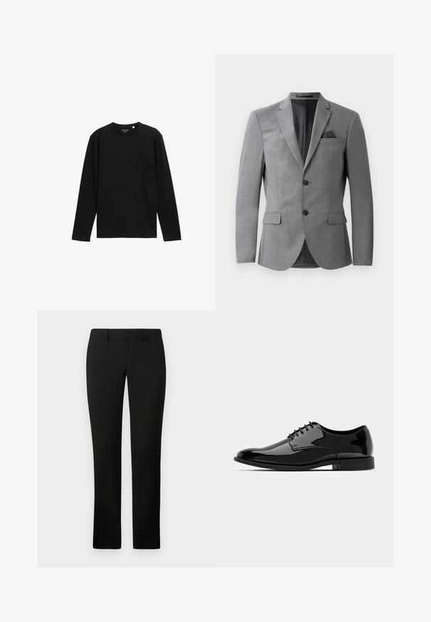 Pelēks žakets ar tekstūru, vienas pogas dizains, divas priekšējās kabatas un elegants izgriezums ar atzīmētu apkakli. Ietver kabatas lakatiņu.; Melna gara piedurkņu T-kreklu izgatavots no ribota auduma, ar apaļu kakla izgriezumu un brīvu piegriezumu, bez papildu rakstiem vai rotājumiem.; Melnas bikses ar pielāgotu piegriezumu, kas raksturojas ar gludu faktūru un taisniem kāju piegriezumiem. Jostasvieta ir aprīkota ar jostu cilpām un ir iztīrīta.; Melna laika kurpe no patentētās ādas ar noapaļotu purngalu, aukliņu dizainu un gludu, spīdīgu virsmu. Aprīkota ar zemu profilu gumijas zoli.