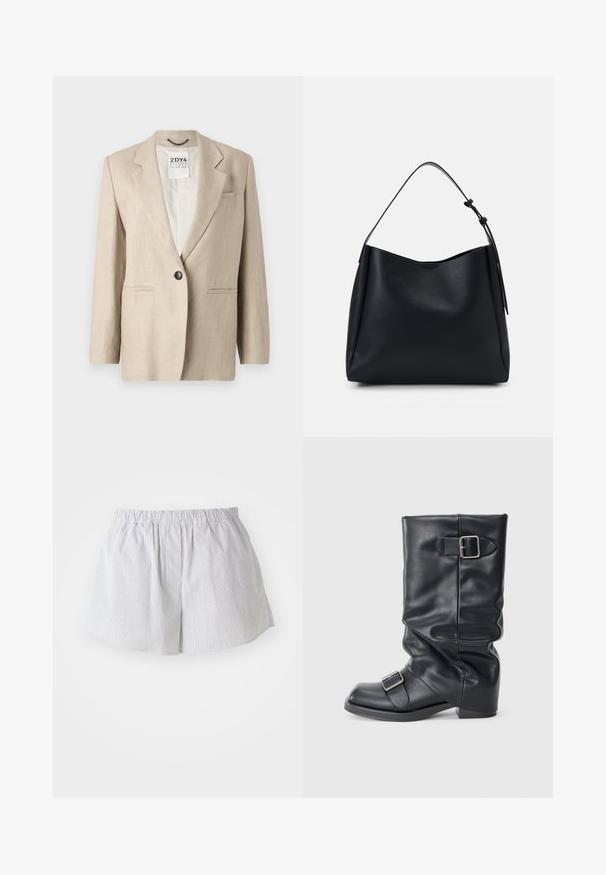 Beige liinapuku, millel on üks must nupp, sakilised kraed, kaks eesmist taskut ja vaba lõige. Vooderdatud sisemus.; Kaksi mustaa puuvillapaitaa, joissa on pyöreä pääntie, lyhyet hihat ja sileä pinta. Jokainen paita on identtinen, ja niiden kaulan alueella on brändilogo.; Raidalliset lyhyet housut vaaleansinisestä ja valkoisesta puuvillasta, joissa on joustava vyötärö ja rento istuvuus, sekä sivuaukot liikkumisen helpottamiseksi.; Mustat nahkasaappaat, joissa on taitettu varsi ja kaksi hopeista solkea. Pyöreä kärki ja matala, litteä pohja. Sileä pinta, vähäiset yksityiskohdat.; Musta nahkainen hobo-laukku, jossa on yksi olkahihna, sileä pinta, kapeneva yläosa ja minimalistic suunnittelu ilman näkyvää metalliosaa.; Pilgrim UNFOLD - Kaulakoru - silver-coloured