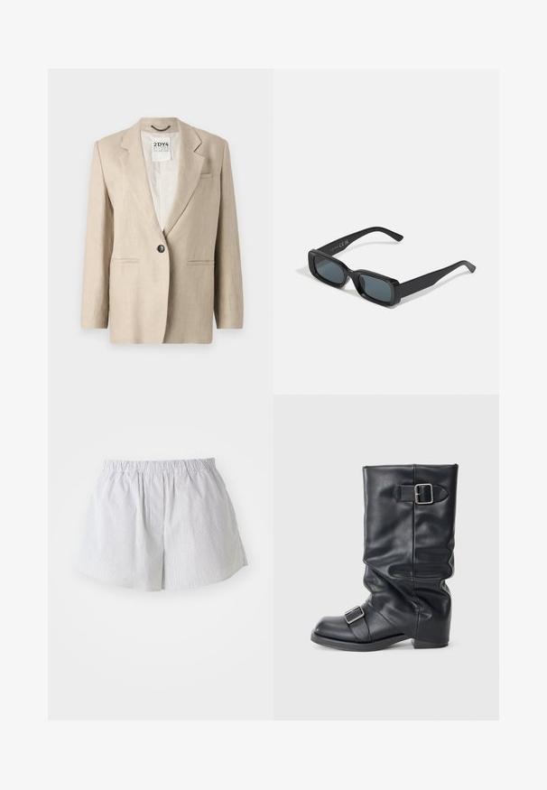 Bežs lina bleizeris ar vienu melnu pogu, ar iedobtiem uzvalka apkaklēm, divām priekšējām kabatām un brīvu piegriezumu. Bez oderes.; Divi melni kokvilnas t-krekli ar apaļiem kakliem, īsām piedurknēm un gludu tekstūru. Katrs krekls ir identisks, uzrādot zīmola etiķeti kakla apgabalā.; Svītraini šorti gaiši zilā un baltā kokvilnā, ar elastīgu jostu un brīvu piegriezumu, ar sānu atverēm ērtai kustībai.; Melnas ādas zābaks ar salocītu šahtu, aprīkots ar divām sudraba sprādzēm. Noapaļota purngala un zema, plakanā zoles dizains. Gluda tekstūra, minimāls noformējums.; Melnas taisnstūra saulesbrilles ar tumšiem stikliem. Glancēta kārba, taisnas rokas ar vieglu izliekumu. Minimalistisks dizains, bez rotājumiem.; Melna ādas hobu soma ar vienu plecu siksnu, gluda tekstūra, sašaurināts augšdaļa un minimālistisks dizains bez redzamiem piederumiem.; Pilgrim UNFOLD - Kaklarota - silver-coloured