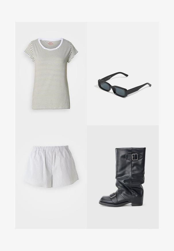 Beige linen blazer with a single black button, notched lapels, two front pockets, and a relaxed fit. Unlined interior.; Striped t-shirt made of soft cotton, featuring horizontal white and olive green stripes, round neck, and short sleeves.; Striped shorts in light blue and white cotton, featuring an elastic waistband and a relaxed fit with side openings for ease of movement.; Black leather boot with a folded shaft, featuring two silver buckles. Rounded toe and a low, flat sole design. Smooth texture, minimal detailing.; Black rectangular sunglasses with dark lenses. Glossy frame, straight arms with a slight curve. Minimalistic design, no embellishments.; Black leather hobo bag with a single shoulder strap, smooth texture, tapered top, and minimalistic design without visible hardware.; Pilgrim UNFOLD - Necklace - silver-coloured