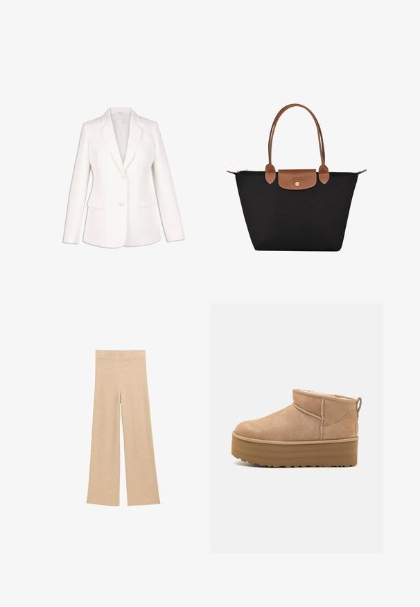 Weiße maßgeschneiderte Blazerjacke mit Reverskragen, einreihiger Knopfverschluss, zwei Fronttaschen und taillierter Passform. Glatte Textur.; Cremfarbener Rollkragenpullover mit langen Ärmeln aus weichem Stoff, ausgestattet mit einem enganliegenden Kragen und einem schlichten Design, langen Ärmeln und geradem Saum.; Beige weite Hosen aus weichem Stoff, mit flachem Bund und minimalistischer Gestaltung. Keine sichtbaren Muster oder Beschläge.; Beige Wildleder-Ankle Boots mit einem weichen Innenfutter, ausgestattet mit einer Plateausohle und einer Zuglasche hinten für einen einfachen Einstieg. Strukturiertes Gummiprofil.; Schwarze Nylon-Tote-Tasche mit braunen Lederakzenten und -griffen. Verfügt über einen Druckverschluss und eine Fronttasche mit einem Logo-Detail.