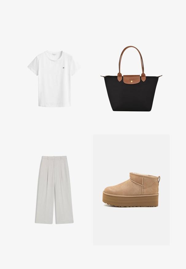 White tailored blazer with a notched lapel, single-breasted button closure, two front pockets, and tailored fit. Smooth texture.; White cotton t-shirt with a round neckline and short sleeves. Features a small embroidered logo on the left chest. Smooth texture.; Light gray wide-leg trousers with front pleats, tailored waistband, and clean hem. Made from a smooth, lightweight fabric.; Beige suede ankle boots with a plush interior, featuring a platform sole and a pull tab at the back for easy wear. Textured rubber outsole.; Black nylon tote bag with brown leather accents and handles. Features a snap closure and a front pocket with a logo detail.