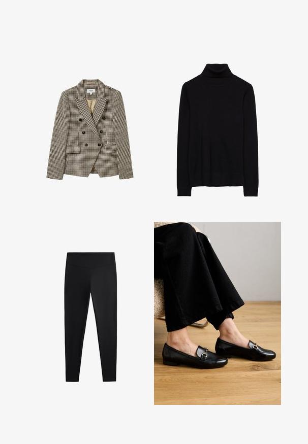 Bež in rjave houndstooth-ov obrazec dvostransko zapenjanje blazer z vrhunskimi reverji, dvema sprednjima žepoma in črnimi gumbi. Podložena notranjost.; Črna turtleneck pulover iz mehkega pletenega materiala. Ima dolge rokave ter rebraste manšete in rob. Preprost, klasičen dizajn brez vzorcev.; Črne legice iz gladkega, raztegljivega blaga. Imajo širok pas in zožen dizajn nog, primeren za aktivno ali vsakodnevno nošenje.; Črni usnjeni loaferji s kvadratnim nosom in majhno peto, ki imajo na zgornji strani dekorativni okras v zlatem tonu.