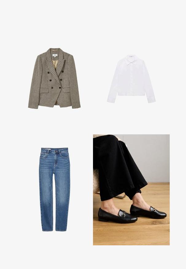 Bež i smeđi sako s dvostrukim kopčanjem u uzorku houndstooth s oštrim reverima, dva prednja džepa i crnim dugmadima. Obložen unutrašnjost.; Bijela košulja dugih rukava s klasičnom ovratnikom, središnjim gumbima i glatkom tkaninom koja se završava malo iznad struka.; Plave traperice s ravnim nogavicama, pet džepova i visokim strukom. Imaju lagano izblijedjenje i kontrastne šavove.; Crne kožne loafers cipele sa četvrtastim prstom i malim potplatom, s dekorativnim zlatnim hardverom na gornjoj strani.