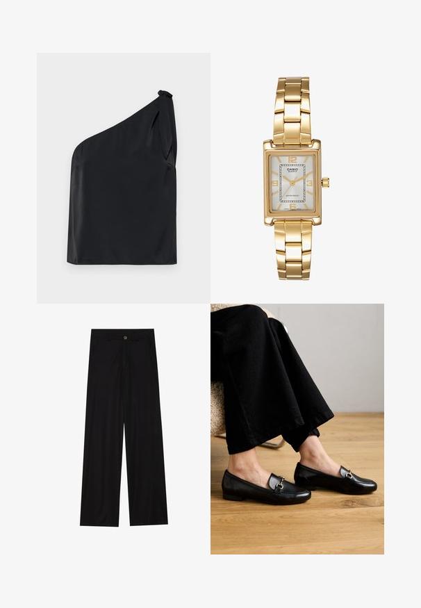 Beige un brūnās houndstooth raksta divrindu žakete ar izvirzītiem zaķiem, divām priekšējām kabatām un melniem pogām. Odere iekšpusē.; Melna blūze ar vienu plecu, izgatavota no gludas auduma, ar kakla saitīti un brīvu piegriezumu. Minimalistisks dizains ar tīrām līnijām.; Platas kājas melnas bikses, izgatavotas no gludas auduma, ar priekšējām kabatām un pogas aizdari jostasvietā. Minimālisma dizains, bez rakstiem.; Melnas ādas loafers ar kvadrāta purngaliem un mazu papēdi, kuru augšpusē ir zelta tonēta dekoratīvā aparatūra.; Zelta tonis taisnstūra rokas pulkstenis ar balto ciparnīcu, sudraba tonis stundu rādītājiem un izturīgu metāla saiti. Iekļauta ūdens izturība.