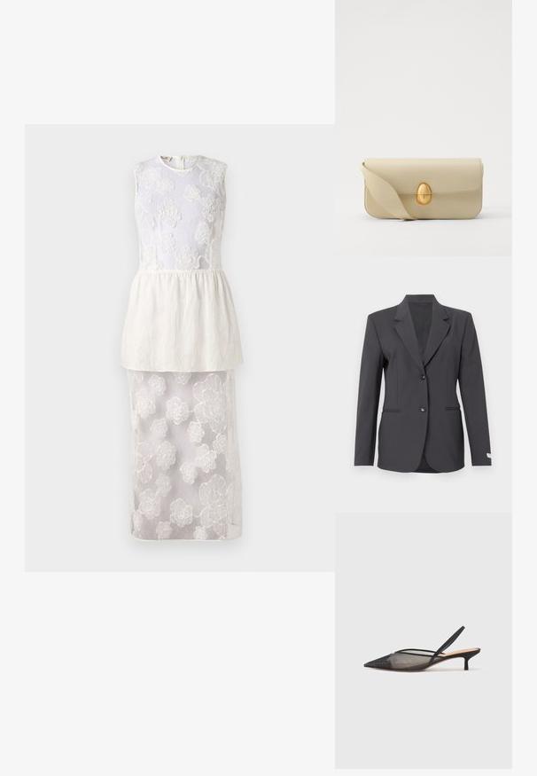 Tummanharmaa bleiseri, jossa on räätälöity muotoilu, kaksi etunappia, kauluskannat ja huomaamattomat sivutaskut, valmistettu sileästä, teksturoidusta kankaasta.; Valkoinen mekko, jossa on olkaimeton yläosa, kukkakirjailua, kerroksellinen peplum-vyötärö ja läpikuultava alaosa, joka on koristeltu kukkakuosisilla kuvioilla.; NEOUS IRENA - Avokkaat - black; Beige nahka käsilaukku, jossa on sileä pinta, suorakulmainen muoto ja kultainen soikea solki. Varustettu pitkällä, säädettävällä hihnalla.
