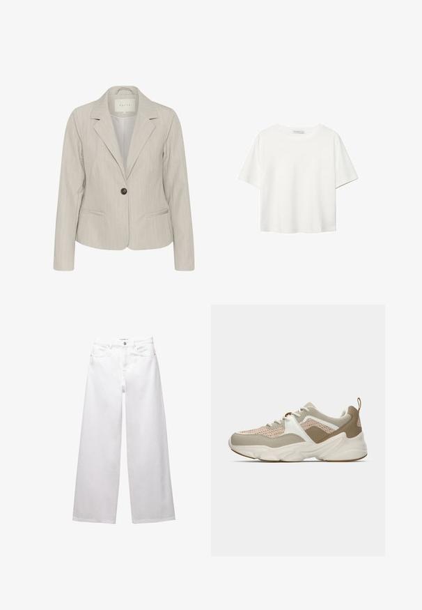Jasnoszary blazer w pionowe paski, z pojedynczym zapięciem na guzik, klapami notched oraz bocznymi kieszeniami. Wykonany z gładkiego materiału z dopasowanym krojem.; Biała koszulka z krótkim rękawem, wykonana z bawełny. Posiada okrągły dekolt i luźny krój. Gładka faktura bez widocznych wzorów czy akcentów.; Białe dżinsy w stylu wide-leg wykonane z denimu. Posiadają zapięcie na guzik, kieszenie z przodu i z tyłu oraz przeszycia. Gładka tekstura z minimalnymi detalami.; Lekkie sneakersy z beżową siateczką, białymi akcentami i teksturowanymi brązowymi detalami. Masywna gumowa podeszwa z unikalnym wzorem falistym.