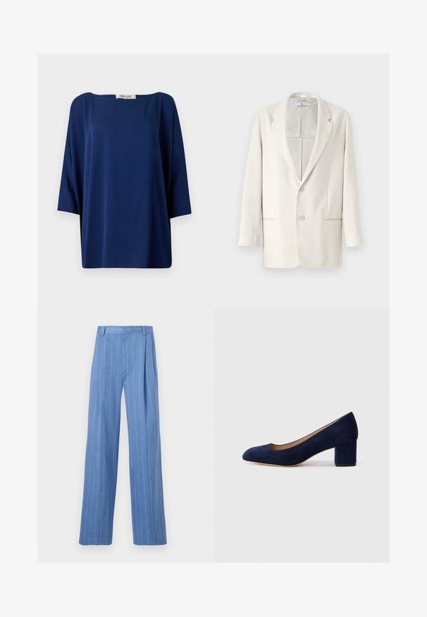 Vaaleanbeige bleiseri, jossa on saumanäppäillinen kaulus, kaksipainikeinen kiinnitys ja sivutaskut. Sileä pinta ja jämäkkä muotoilu. Ei kuvioita tai yksityiskohtia.; Laiva sininen väljä paita, jossa on leveä kaula-aukko ja puolihihat, tyyliltään yksinkertainen ja sileä pinta.; Vaaleansiniset leveälahkeiset housut, joissa on pystysuorat valkoiset raidat. Valmistettu sileästä materiaalista, jossa on etutasku ja siisti vyötärönauha.; Navy sininen mokkanahkakengät, joissa on terävä kärki ja keskikorkea lohkare korko. Sileä pinta, jossa on hieno kiilto ja pieni leikkaus etuosassa.