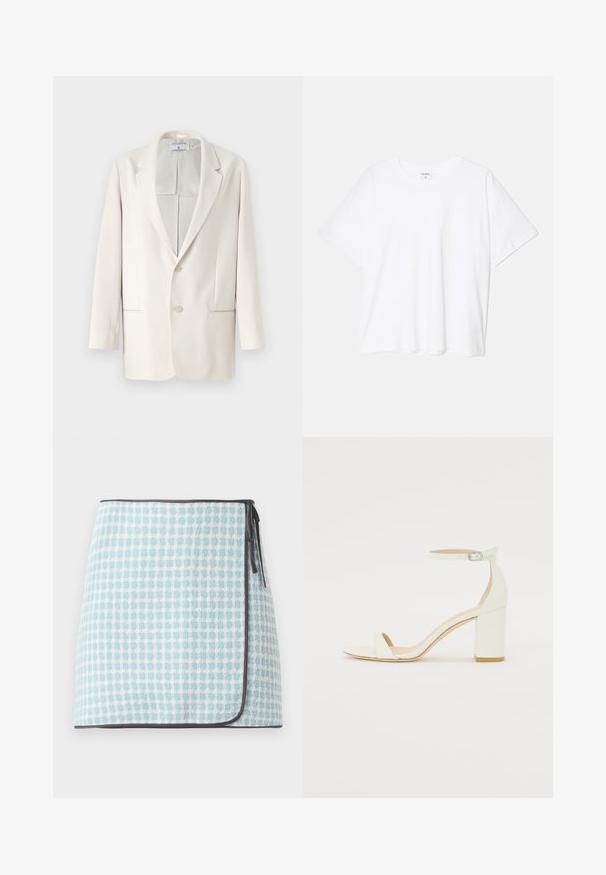 Krémový blazer s klopami, zapínáním na dva knoflíky a bočními kapsami. Hladká textura a strukturovaný design. Žádné vzory ani ozdoby.; Bílý bavlněný tričko s krátkým rukávem, kulatým výstřihem, volným střihem a šitým lemem. Nálepka viditelná na vnitřní straně výstřihu.; Zavinovací sukně v světle modré a bílé kostkované vzoru, s jemnou texturou a kontrastním tmavým lemem. Na boku se zavazuje pro uzavření.; Bílé kožené sandály na blokovém podpatku s ankle strapem a přezkou, minimalistický design. Otevřená špička a hladké textura po celém povrchu.