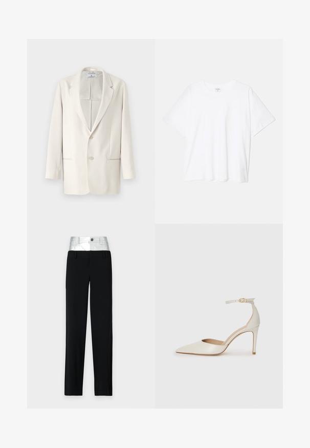 Blazer de color crema con lapel muesca, cierre de dos botones y bolsillos laterales. Textura suave y diseño estructurado. Sin patrones ni adornos.; Camiseta de algodón blanca con mangas cortas, escote redondo, corte relajado y dobladillo cosido. Etiqueta visible en el interior del cuello.; Pantalones negros con una cinturilla plateada brillante. Cuenta con un cierre de botón y cuatro bolsillos, con un corte entallado y un diseño de pierna recta.; Zapato de tacón alto de cuero blanco con punta afilada, correa en el tobillo y un delgado tacón de aguja. Textura lisa con un sutil acabado brillante.